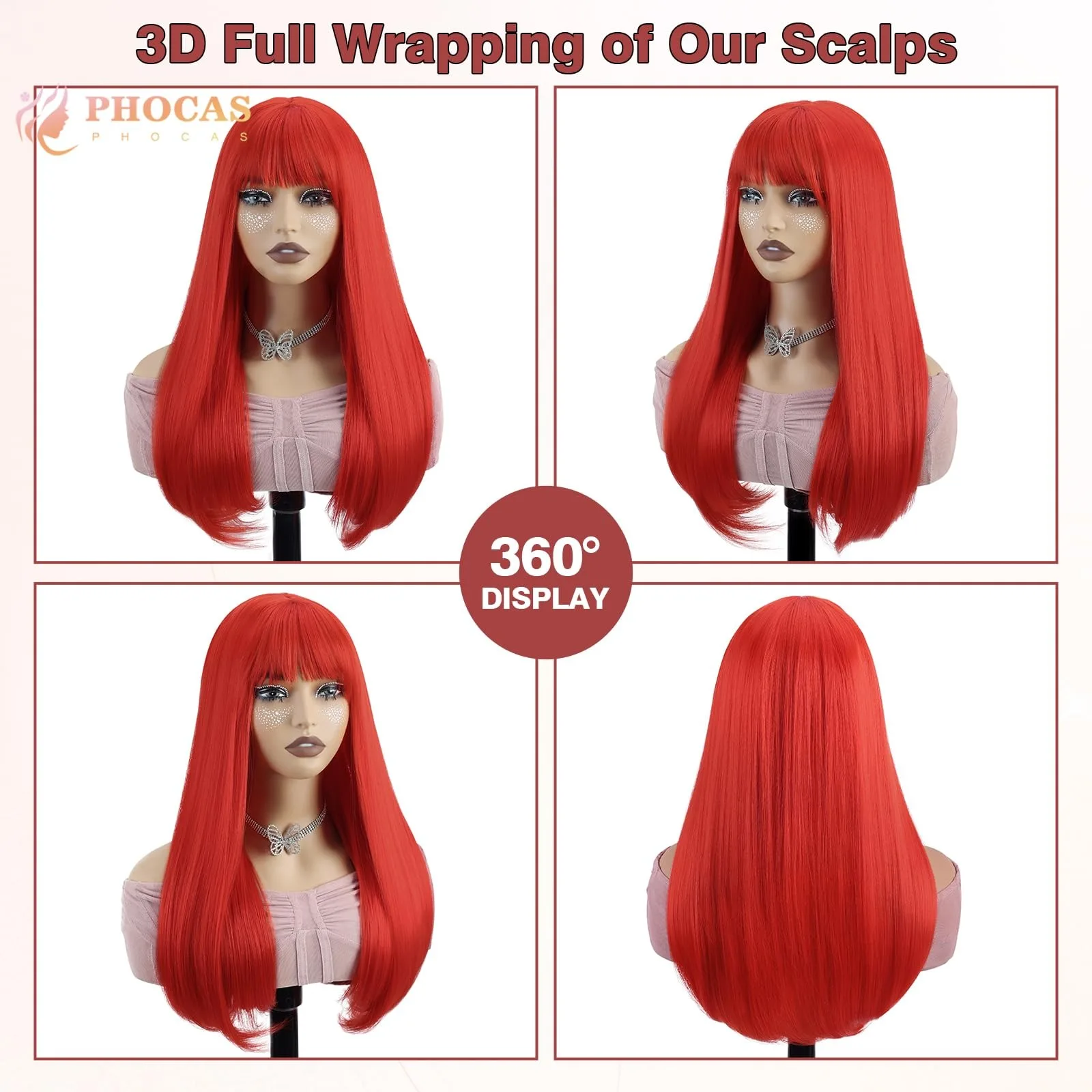 Red long straight hair synthetic wig for Halloween cosplay wig for role-playing, daily party, high-temperature hair cap