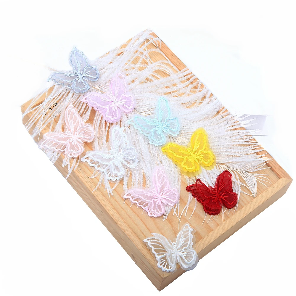 50 Stks/partij 5Cm Dubbele Laag Kleurrijk Organza Vlinder Patch Diy Tule Stof Vlinder Hoofdtooi Sticker Geappliqueerde Accessoires