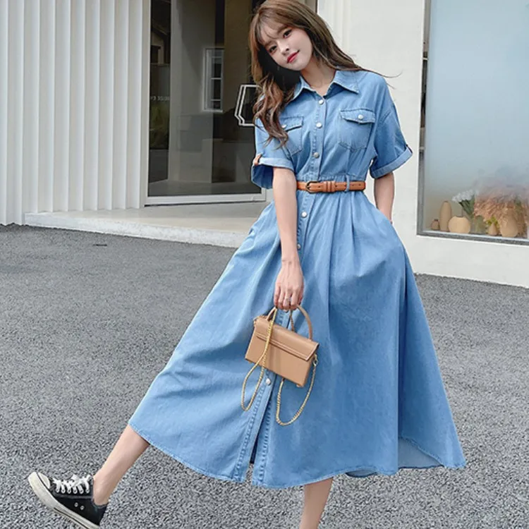 Casual Women Denim Dress 2024 Elegant Fashion Short Sleeve Turn-Down Collar Single Breasted High Waist Vintage Dress Female