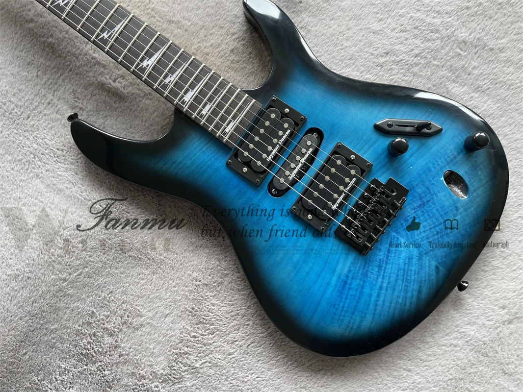 6 string electric guitar,Ultra-thin body blue flamed maple veneer fixed bridge,HSH pickups,black buttons