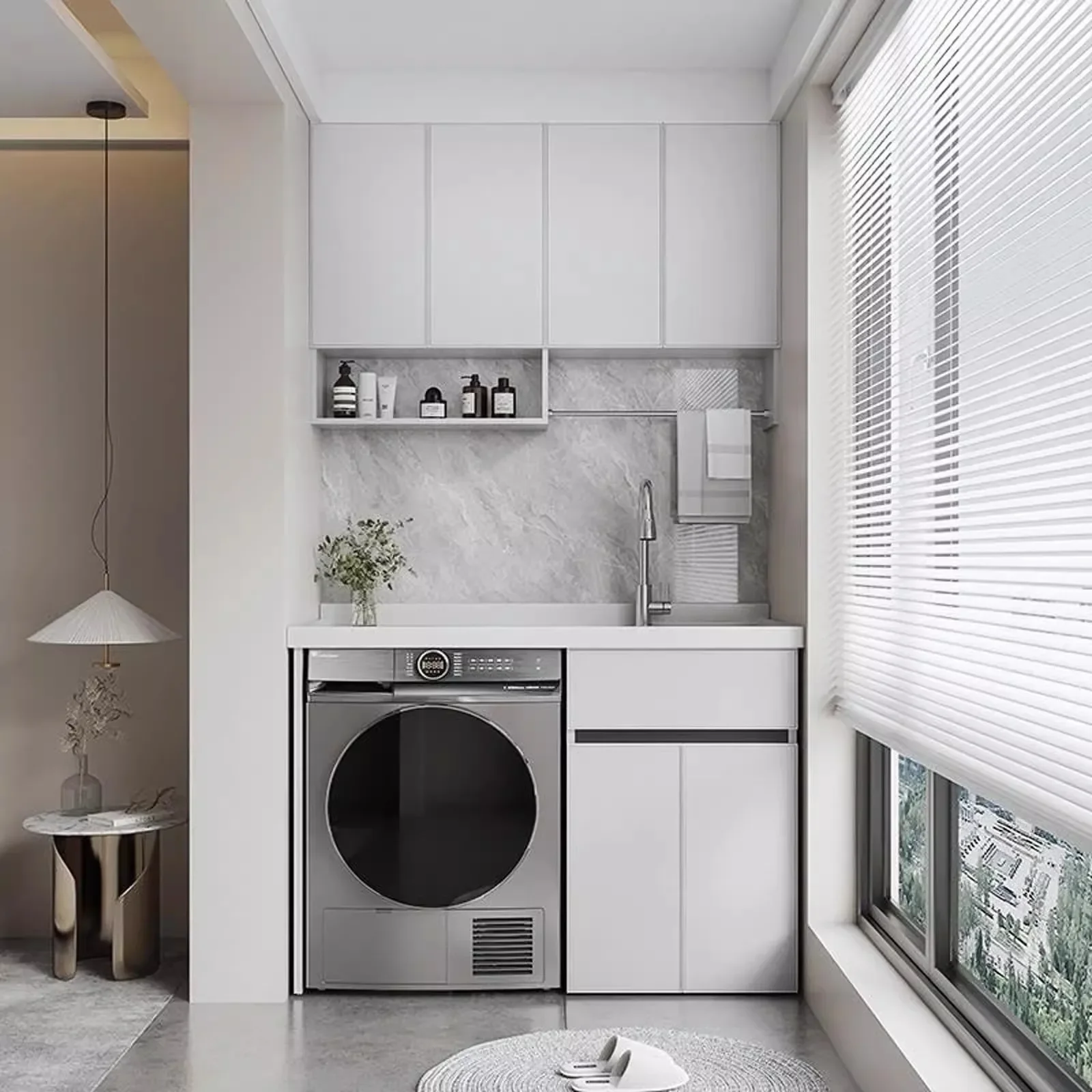 Full panel honeycomb aluminum laundry cabinet integrated quartz stone basin balcony cabinet washbasin pool with washboard