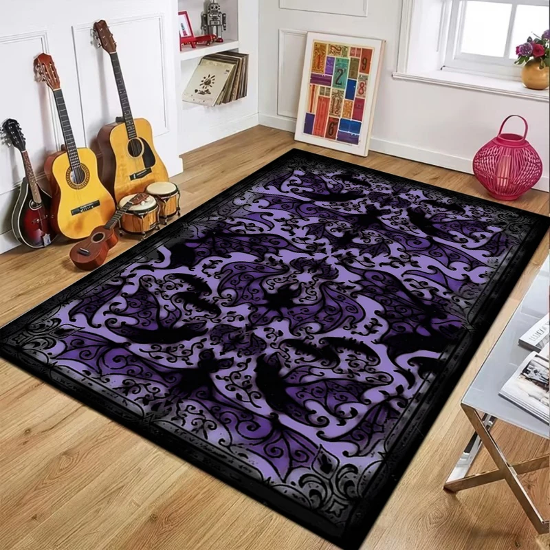 Purple Black Gothic Carpet Mat Rug with White Bat Skull Pattern Spooky Non-slip Home Decoration Living Room Bedroom Indoor Rug