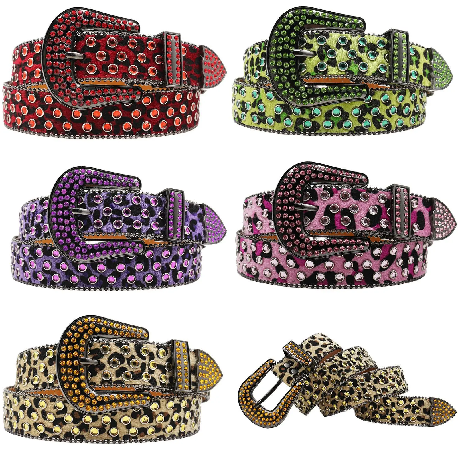 Western Punk Leopard Print Hair PU Leather Rhinestone Women Belt Fashion Rhinestone Nightclub Belt for Ladies