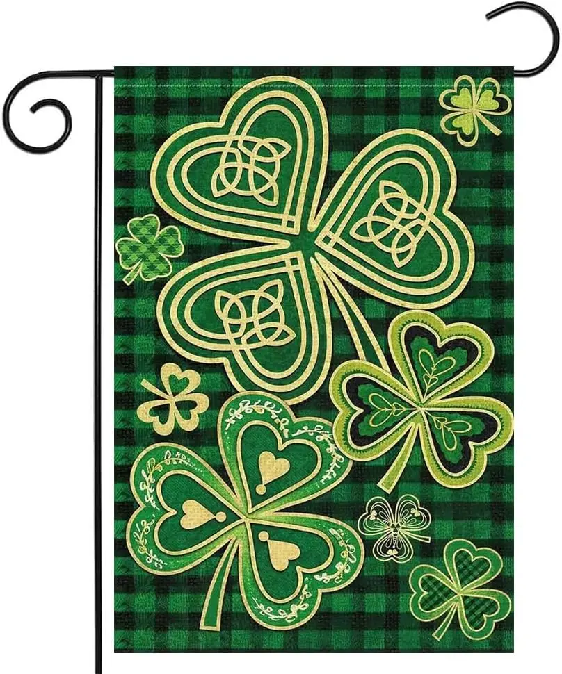 Happy St Patricks Day Garden Flag 12.5 x 18 Inch Shamrock Clovers Buffalo Plaid Decorative Double Sided Flag for Farmhouse Y PPM