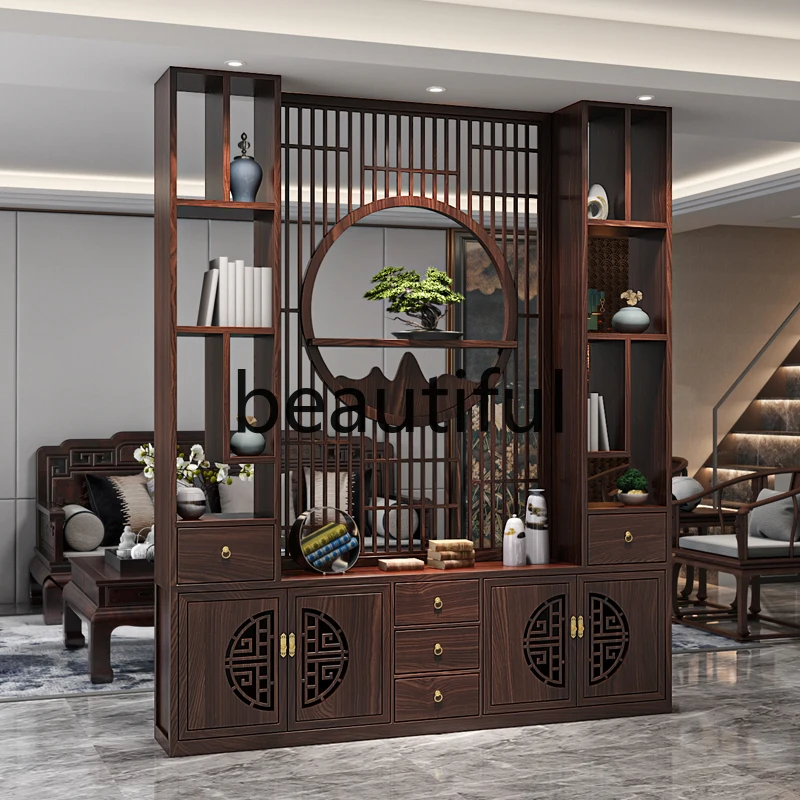 

New Chinese style screen partition cabinet restaurant porch shielding rack solid wood grille locker