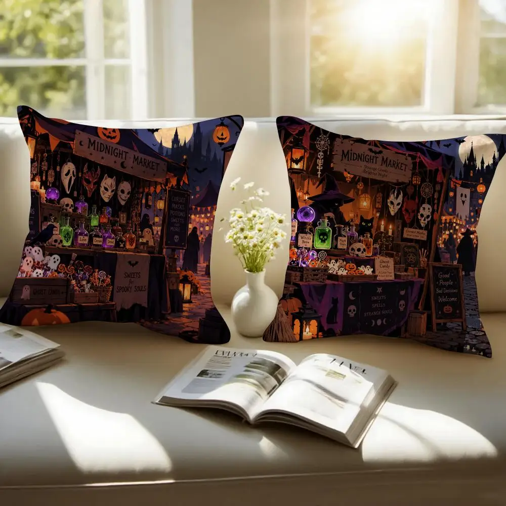 Halloween Market Cushion Cover Pillowcase Anti-dustmite Invisible Zipper Short Plush Sofa Cushion
