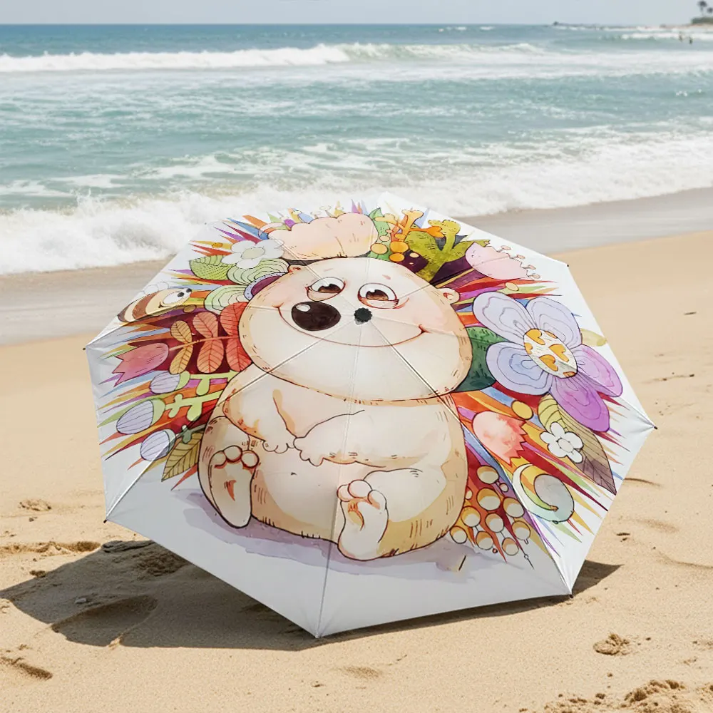 Cute Bear with Colorful Floral Background Umbrella Design Compact Fashion Folding Umbrella for Daily Use, Christmas Gift