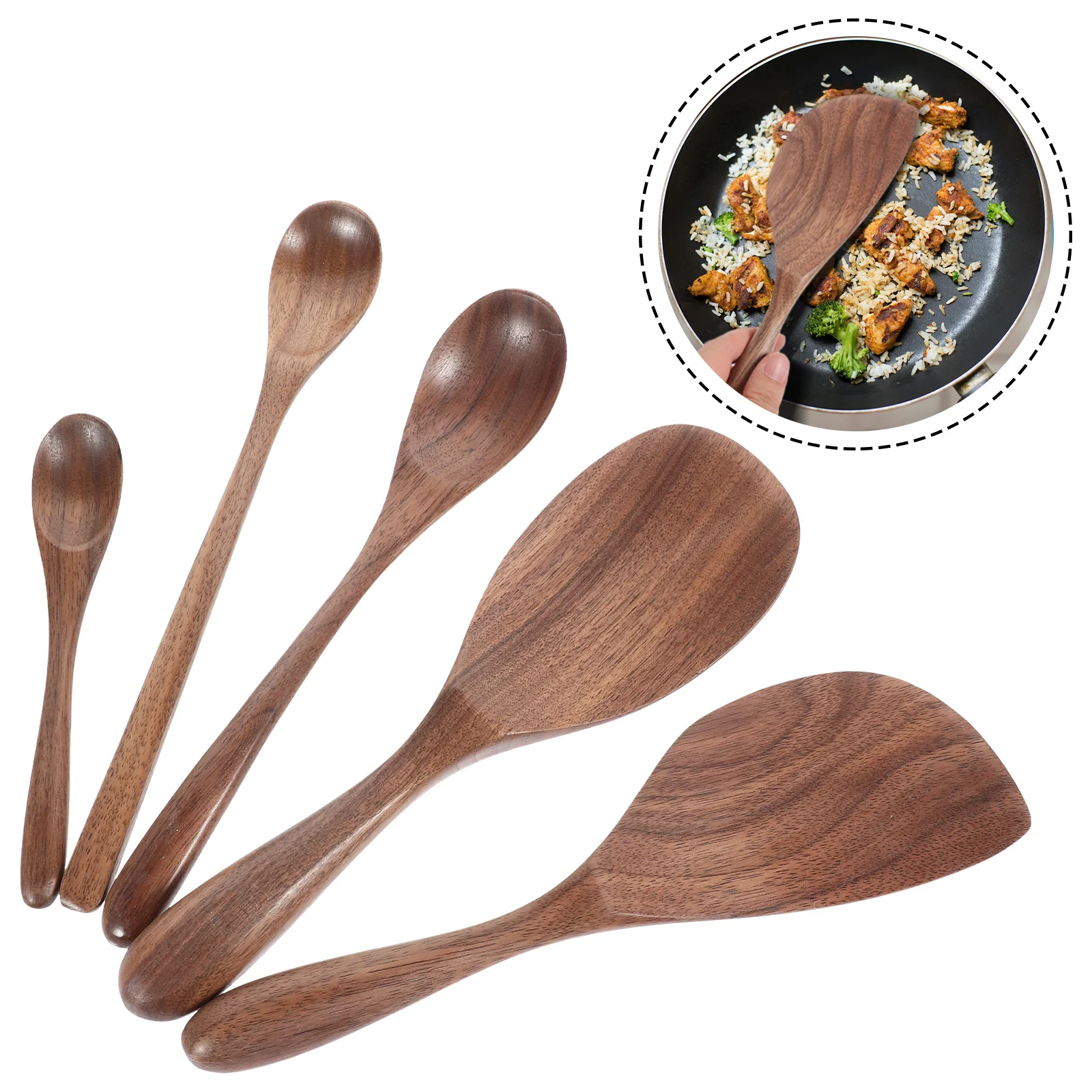 

5pcs /Set Black Walnut Wooden Soup Spoon Tableware Cooking Scoop Serving Ladle For Rice Dessert Salad Non-Stick