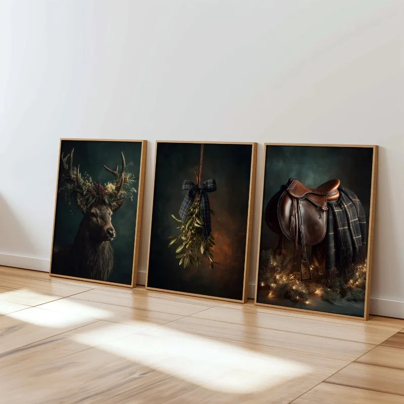 3pcs Dark Moody Rustic Christmas Wall Art Prints Stag Horse Saddle Vintage Farmhouse Winter Holiday Home Decor Unframed Canvas