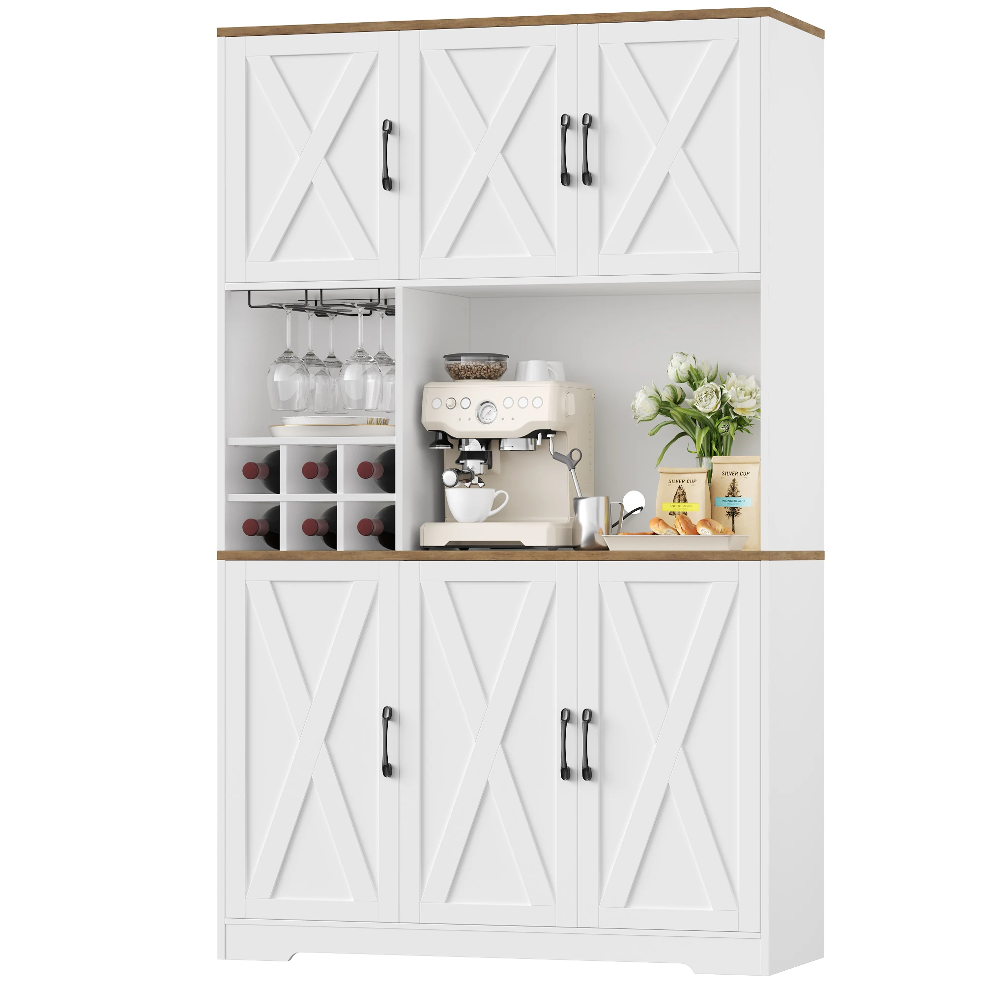 Mobile da cucina 106x180 cm (larghezza x altezza), mobile buffet bianco, credenza con 6 ante, portabottiglie e portabicchieri rimovibili.