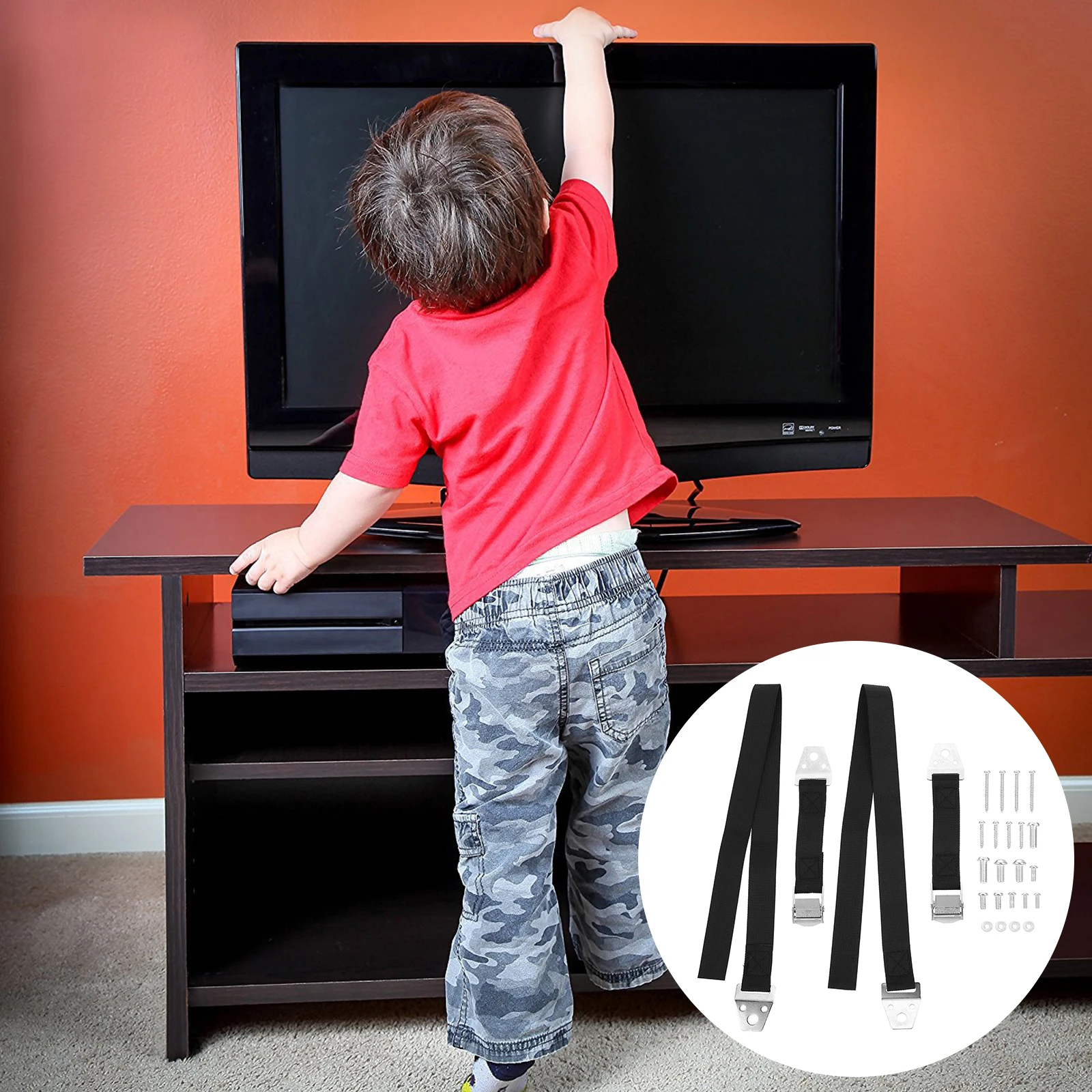 أشرطة تثبيت ذات طرف عالي التحمل لسلامة الأطفال، حزام أثاث من سبائك الزنك الأسود، أحزمة أمان قوية