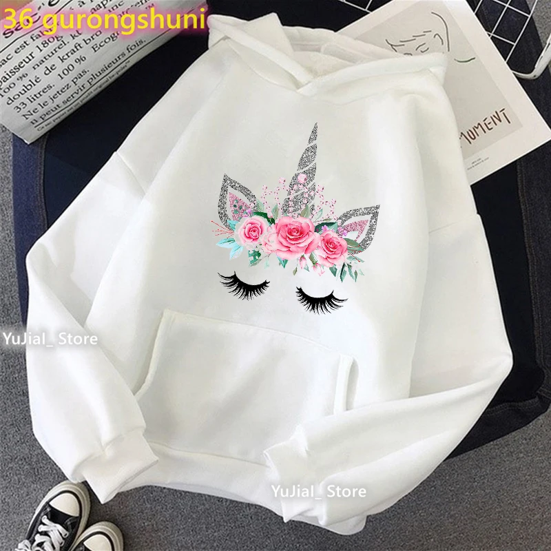 

2023 Kawaii Unicorn Print Cap Hoodies Women Glitter Pink Flowers Sweatshirt Girls Long-Sleeved Winter/Spring/Autumn Clothes