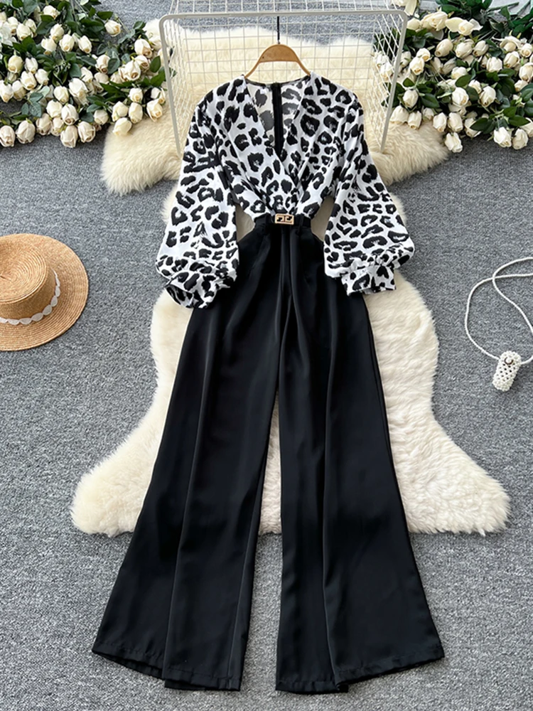 ربيع الخريف جديد الأوروبية الأمريكية ليوبارد طباعة بذلة المرأة فقاعة الأكمام عبر طوق واسعة الساق السراويل فضفاضة C392 #3
