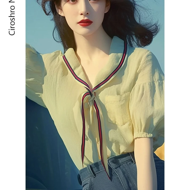 

Unique and Beautiful Summer New Temperament Top Navy Collar Puff Sleeve Shirt