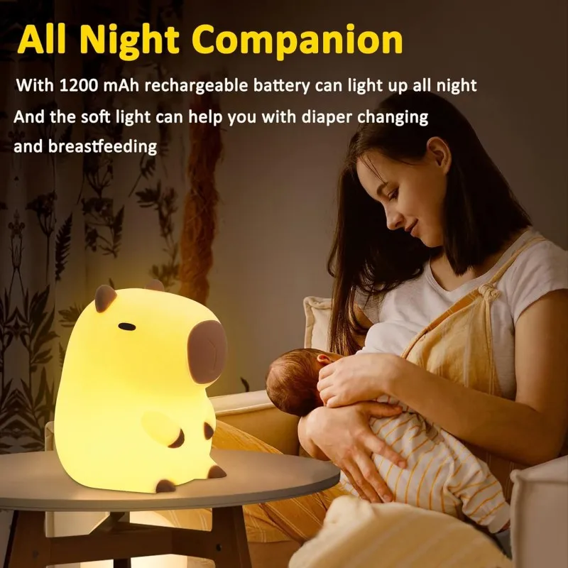 Cute Cartoon Capybara Night Light Silicone Animal Lamp USB Rechargeable Timing Sleeping Nightlight Kids Bedside Decor Lamp Gifts