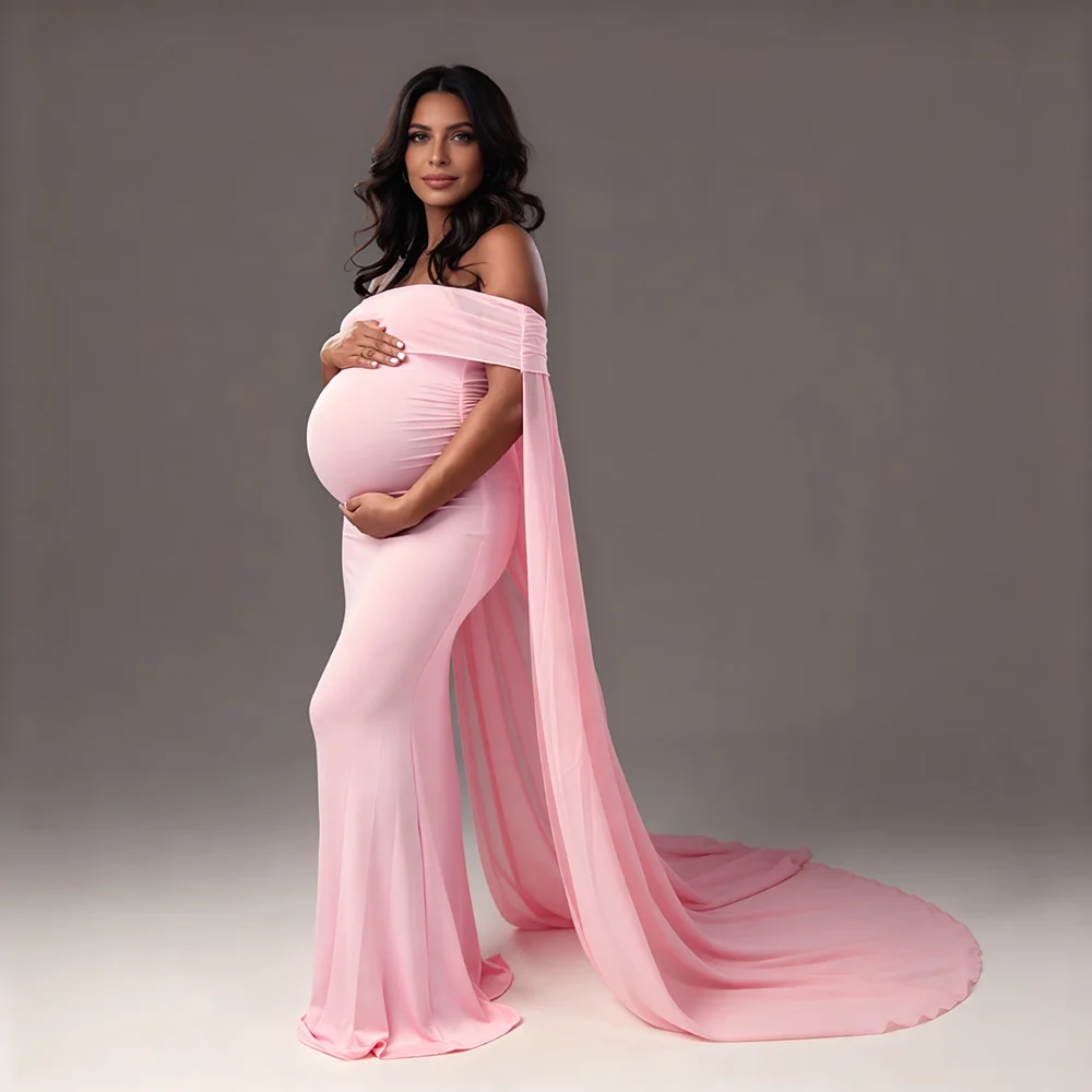 Off Shoulder Mermaid Maternity Photoshoot Dress Custom Long Train Pregnancy Photography Gown Couture Photoshoot Dress with Train