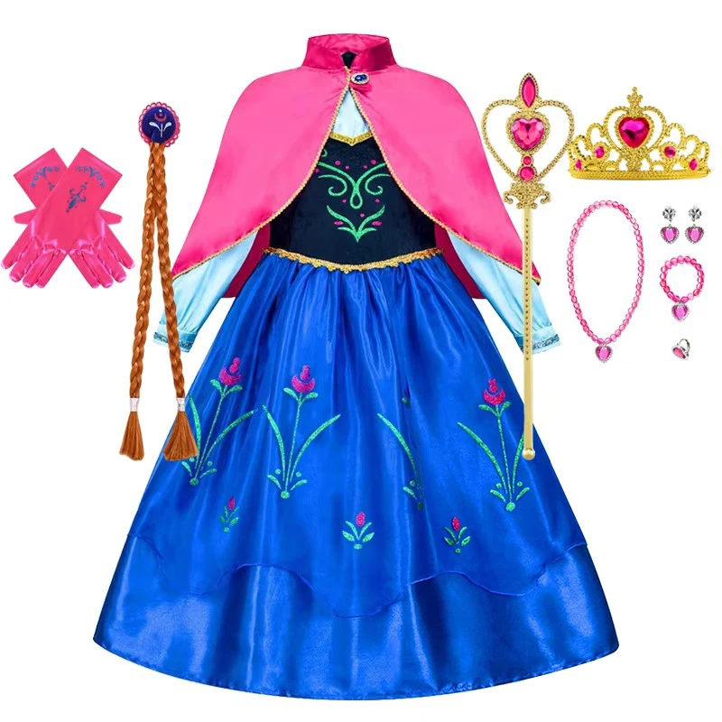 Anna Princess Girl Dress Halloween Cosplay 2026 Party Costume Snow Queen Princess Clothes Children Outfit 2-10 Y