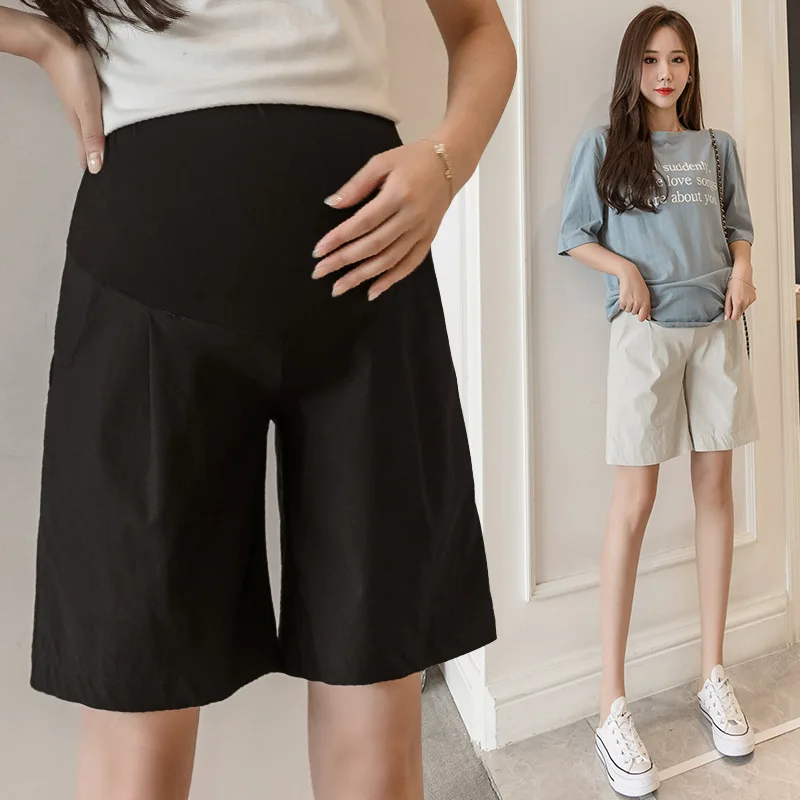 Summer Pregnant Women Ice Silk Loose Wide-legged Pants Solid Color High Waist Straight Trousers Maternity Knee Shorts Wholesale