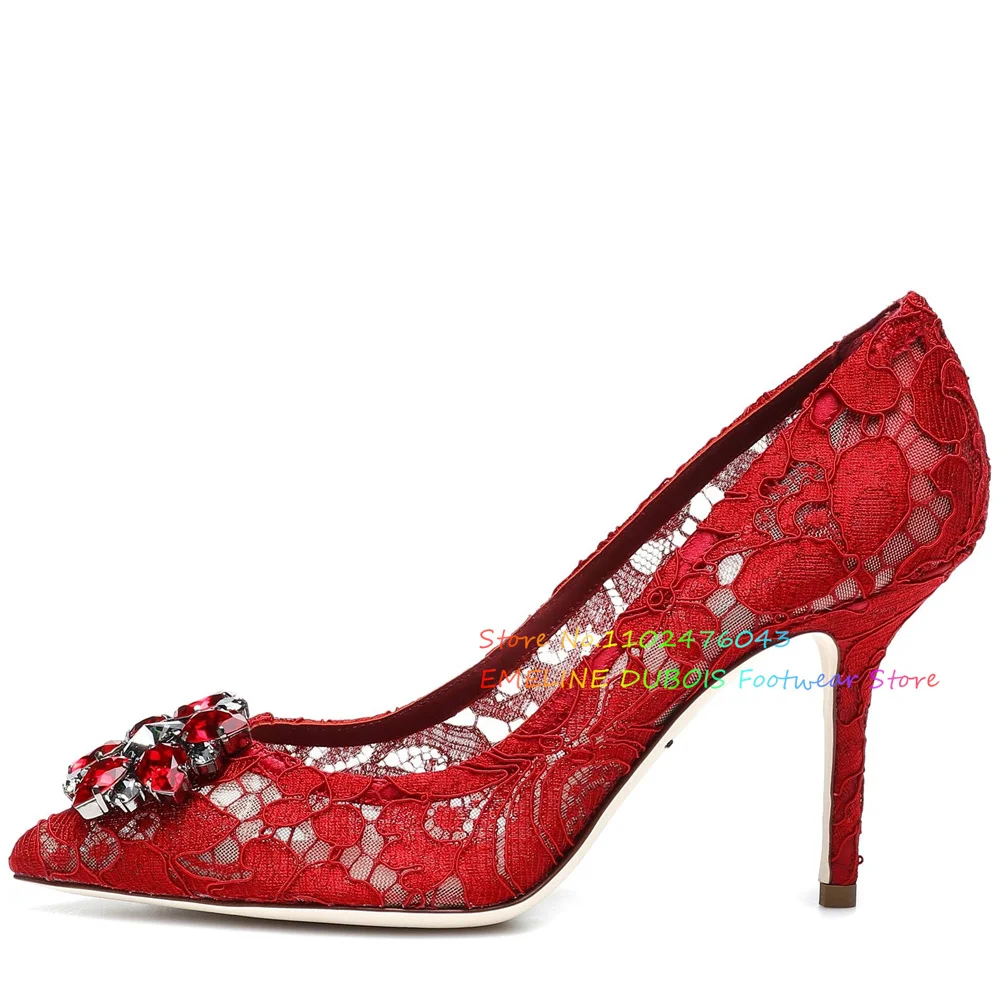 

Red Lace Embellished High Heels Women Trendy Pointy Toe Crystal Stiletto Heel Slip On Elegant Wedding Banquet Dress Pumps