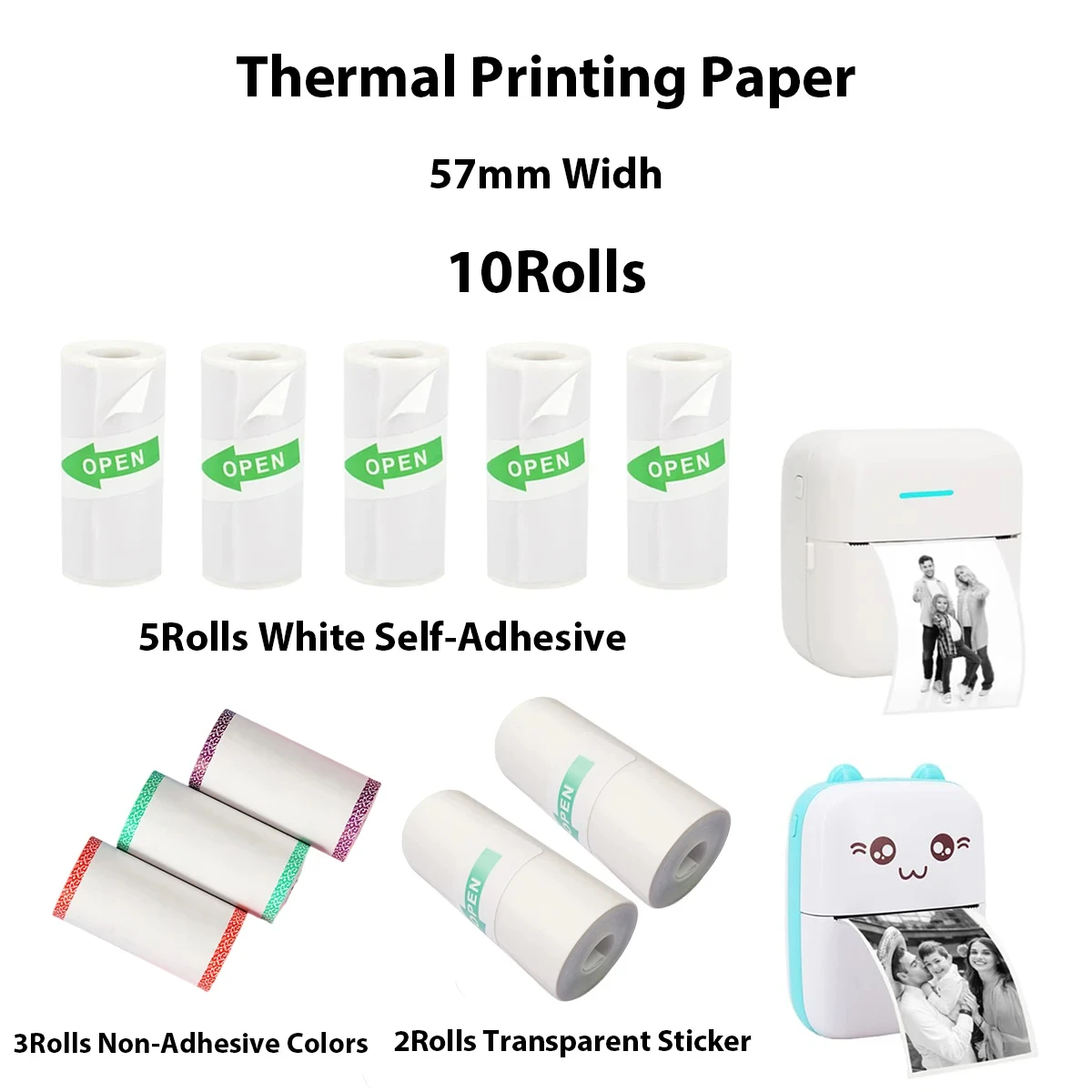 Thermal Printer Mixed Paper 57mm Colorful Mini Printing Paper Roll and Self-Adhesive Printable Sticker Portable Thermal Printers