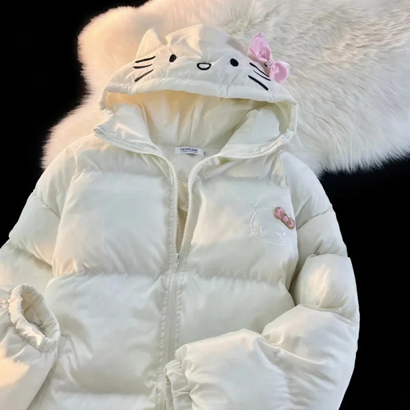 Sanrio-Chaqueta de plumón con cremallera de Hello Kitty para mujer, abrigo con estampado de dibujos animados lindo, Chaqueta de algodón sólido