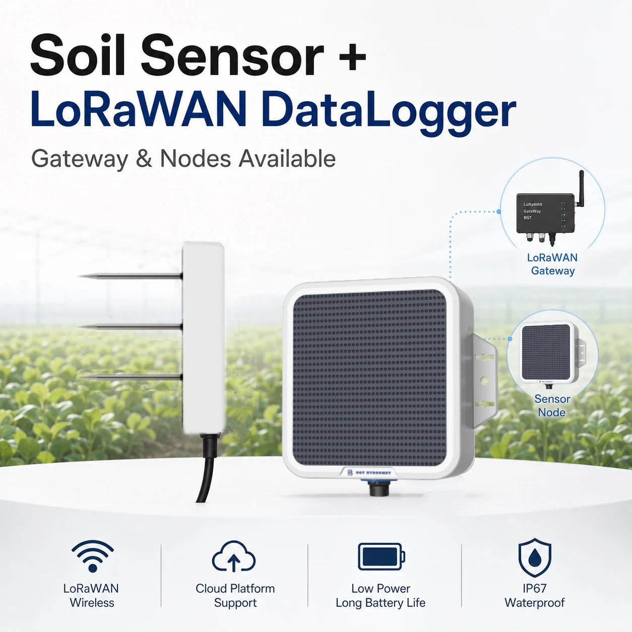Low Power IoT LoRaWAN Protocol  3-in-1 Temp/Moisture/EC  IP68 Waterproof  Real-time Soil Monitoring Precision Agriculture