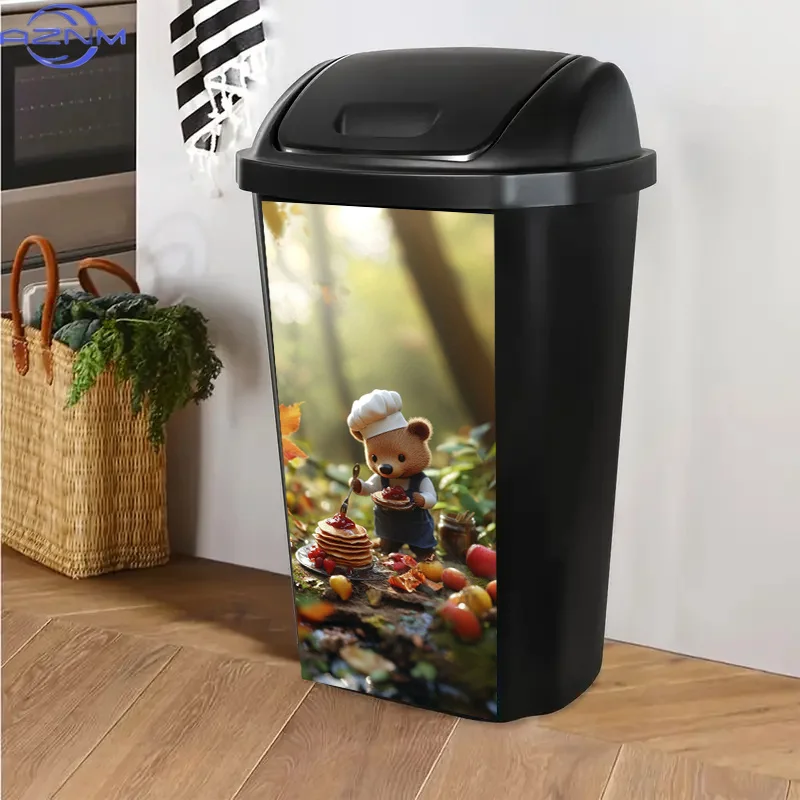 A Single Trash Can Sticker Measuring .01X cm Features a Bear in a Chef'S Hat And Apron, Relishing Tasty Pancakes in a Woodland