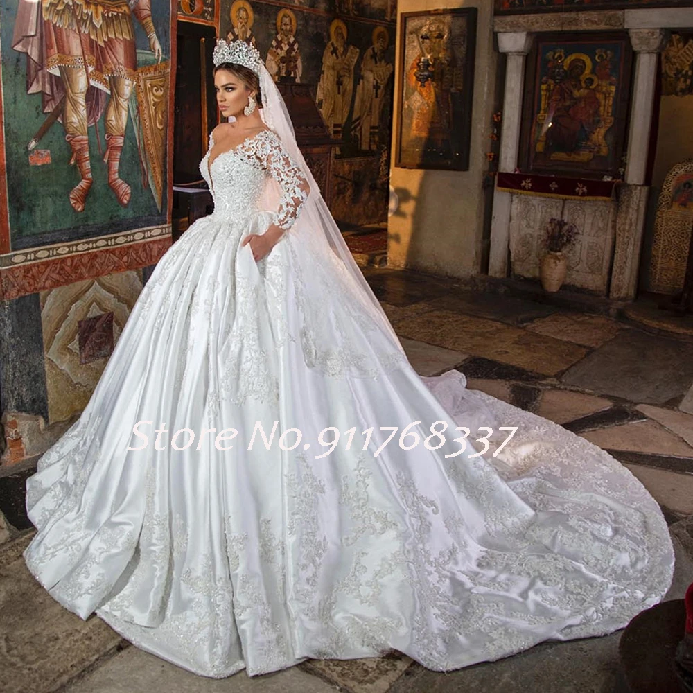 Robe Mariage Vintage Satin Ball Gown Wedding Dress with Long Sleeve Gorgeous Vestidos De Novia Beading Appliques Trouwjurk