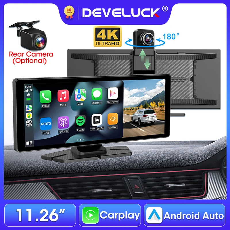 Develuck 11.26-inch Dash Cam Car DVR 4K Camera Touch Screen Wireless Carplay Android Auto Video Recorder Dashboard Voice Control