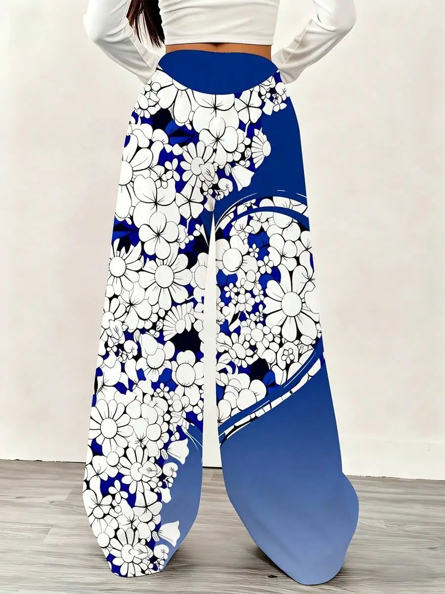 Floral Print Sweatpants With White Daisies And Lue Gradient Design For Casual And Sports Wear Comfortale Loose Fit Pants