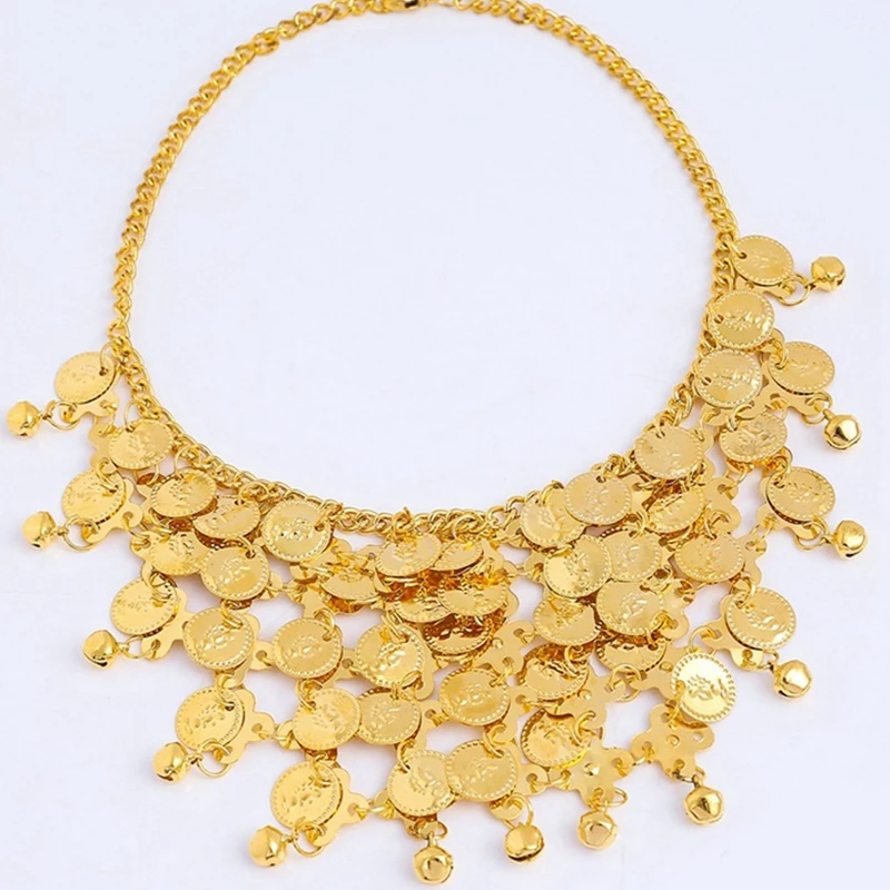 Gold Color Carved Sequins Bell Choker Necklace for Women Ethnic Tribe Indian Belly Dance Summer Beach Jewelry