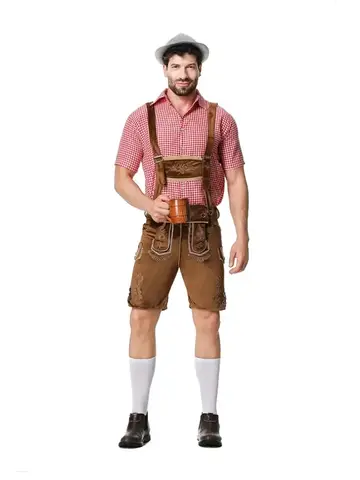 Bavarian Octoberfest German Beer Costume Male Oktoberfest Lederhosen Costume Beer Shirt Suspender Shorts Hat Cosplay Costumes