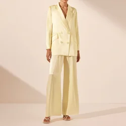 Fashion Yellow Satin Women Pants Sets Chic Notch Lapel Double Breasted Wear Elegant Basic Daily Casual Female Suit Two Piece