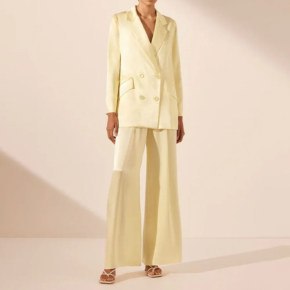 Fashion Yellow Satin Women Pants Sets Chic Notch Lapel Double Breasted Wear Elegant Basic Daily Casual Female Suit Two Piece