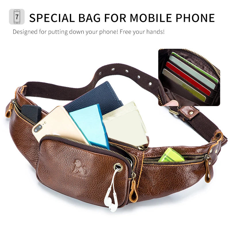 Genuine leather men's waist bag, new casual mini Fanny bag, mobile phone and credit card travel bag, men's waist bag