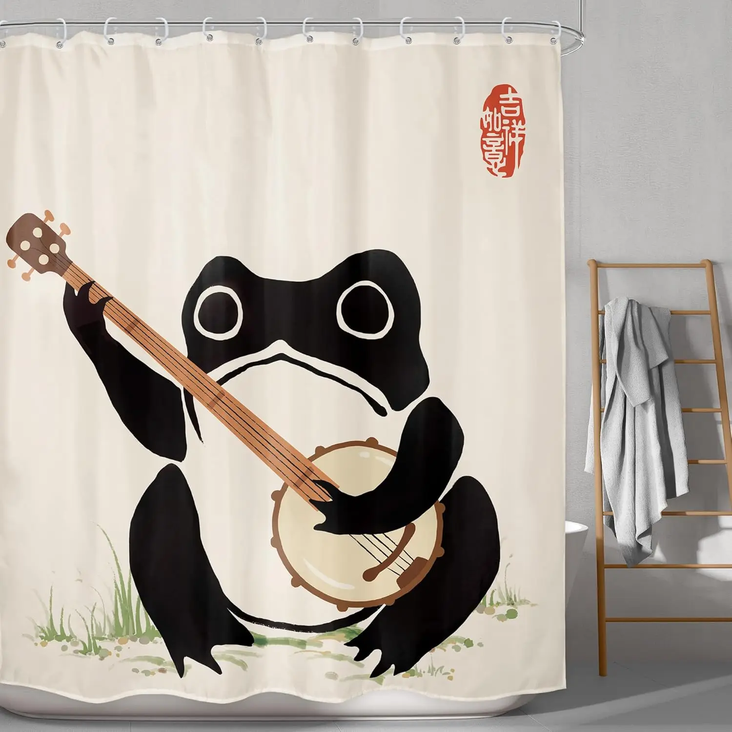 Cute Frog Playing Banjo Shower Curtain Japanese Style Bathroom Decor Funny Animal Art Water Resistant Fabric Home Bath Accessory