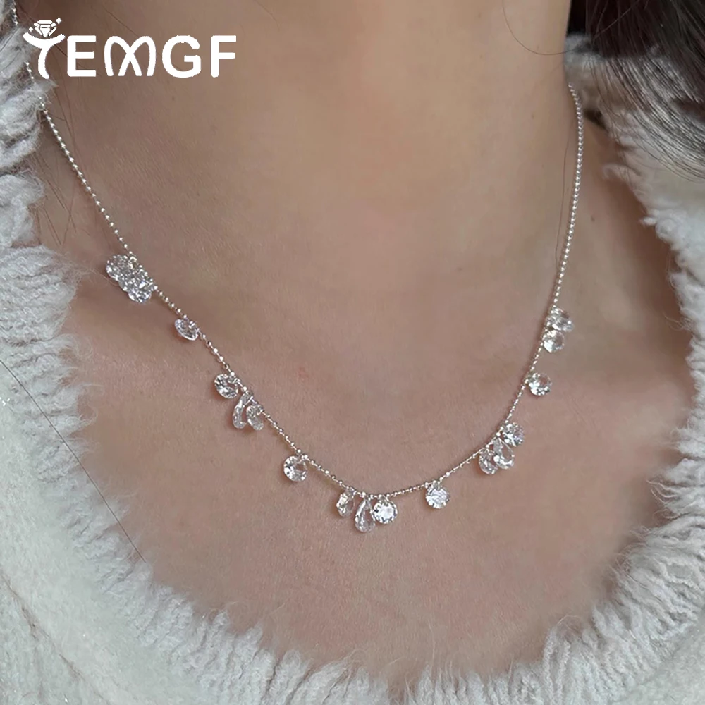 

TEMGF Full Zircon Tassel Necklace 925 Sterling Silver Sparkling Collarbone Bead Chain for Women Neck Jewelry Fine Birthday Gift
