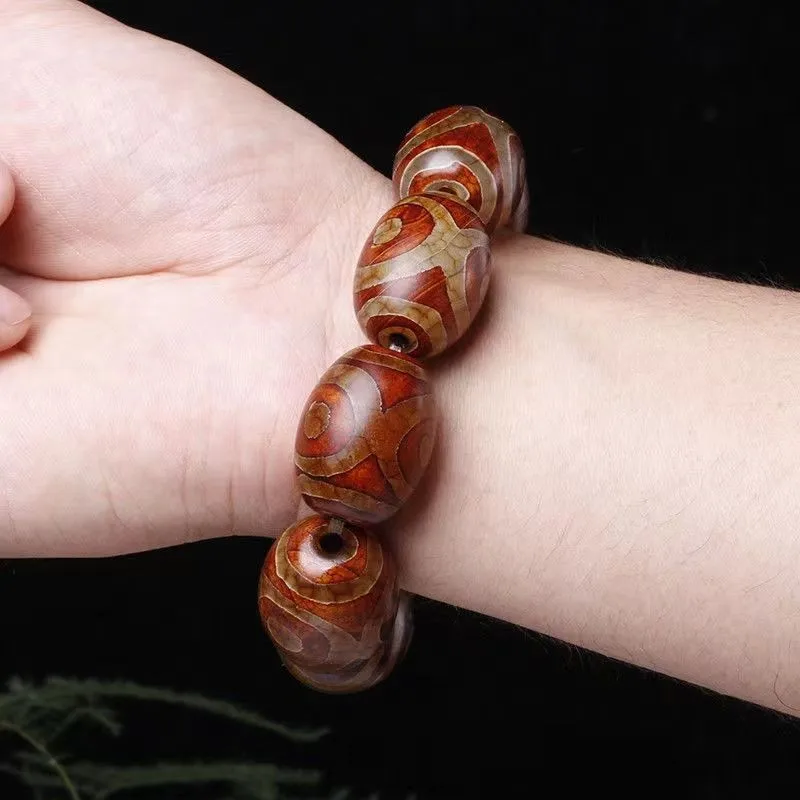 Tibetan Three Nine Eye Dzi Bead Bracelet Agate Chalcedony Ethnic Jewelry for Men