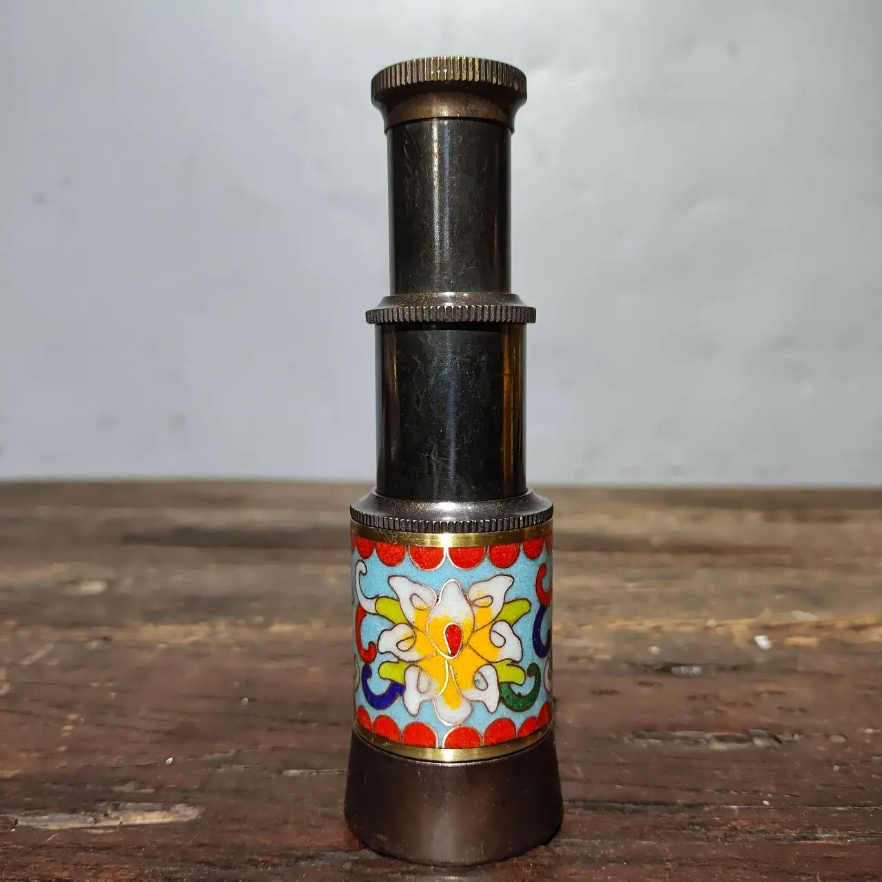 

5"Tibetan Temple Collection Old Bronze Cloisonne Enamel Telescopic Monocular High power Telescope Box A set Office Ornaments