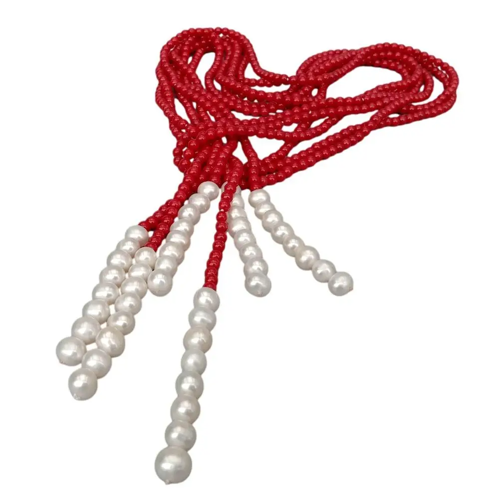 3 fileiras 4mm coral vermelho cultivado branco pérola lariat longo camisola corrente colar 50"