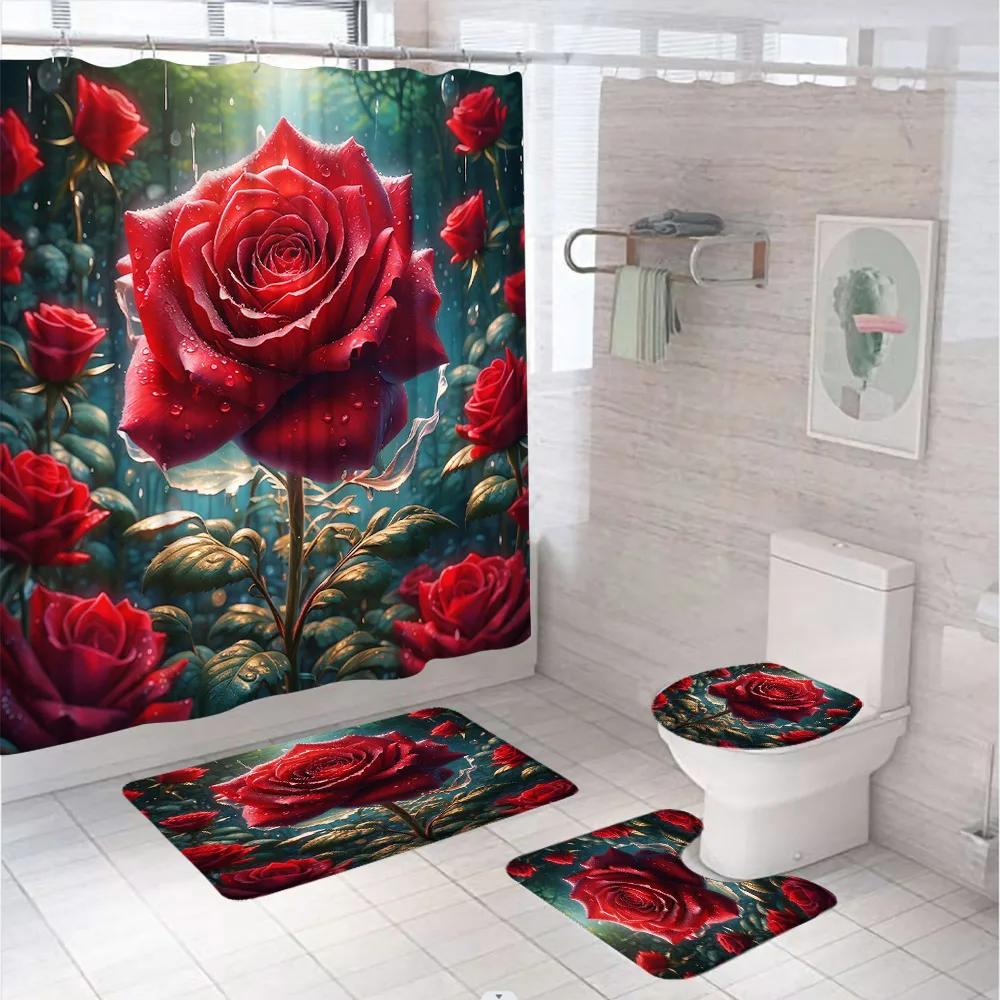 4PCS Red Rose Shower Curtain Sets Rainforest Plant Flower Garden Bathroom Curtain With Rug Flannel Doormat Bath Mat Toilet Cover