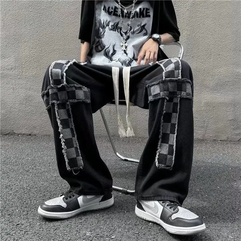 European And American Street Trend Retro Pants Tie Dyed Plaid Jeans Summer Loose And Versatile Straight Leg Pants