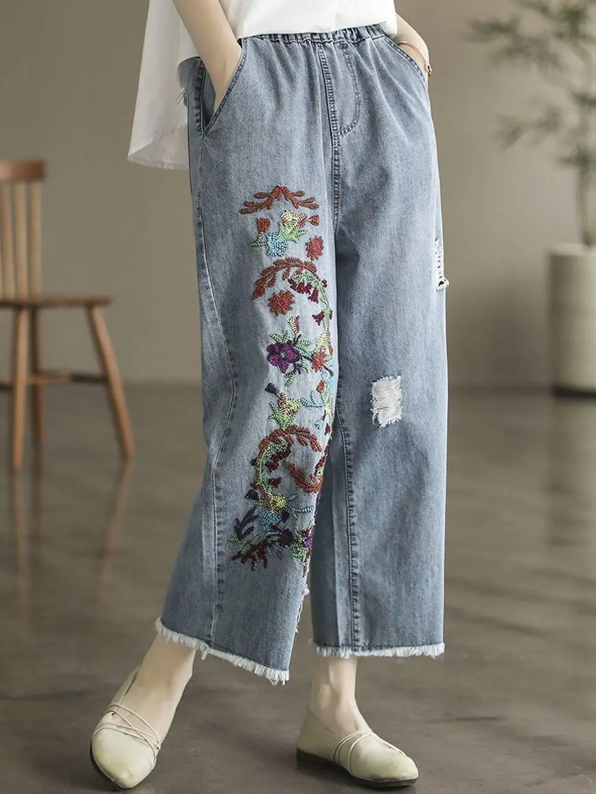 Vintage Embroidered Rough-rimmed Jeans Women's Wide-leg  New Denim Straight Trousers Loose Oversized Ankle-length Pants