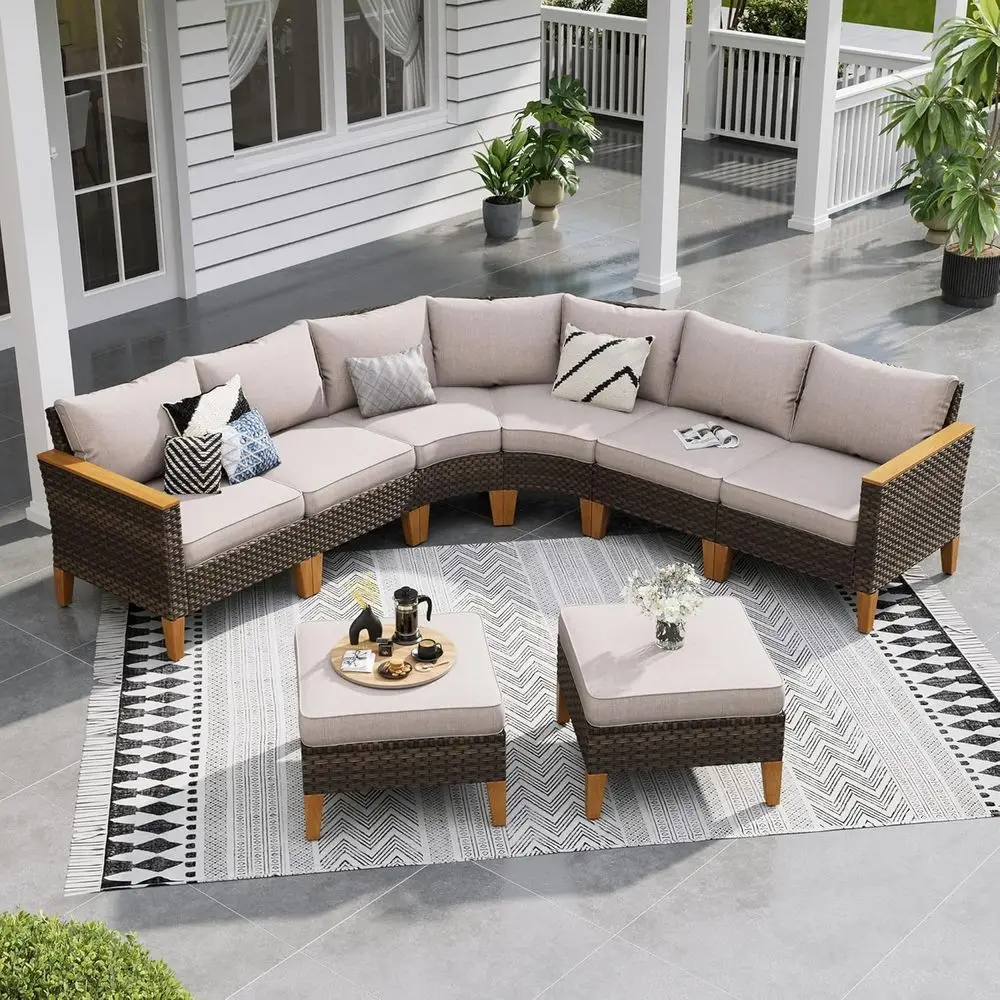 

8-Piece Outdoor Sectional Sofa Set with Curved Sofa, Armchairs, Couches, and Ottomans in Beige Wicker Style