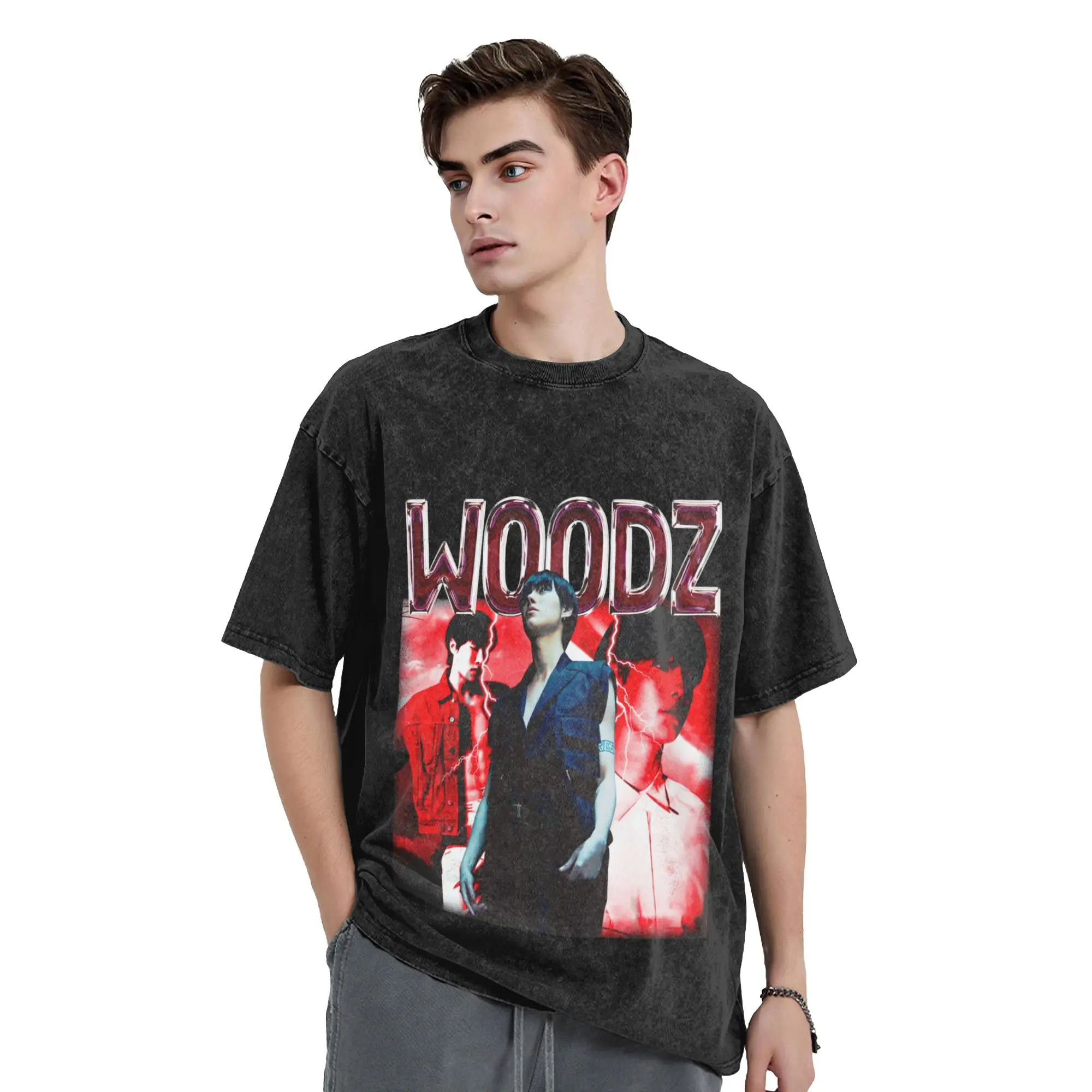Футболка Woodz World Tour 2026: Популярная летняя хлопковая футболка с коротким рукавом, уличный стиль, круглый вырез, большие размеры