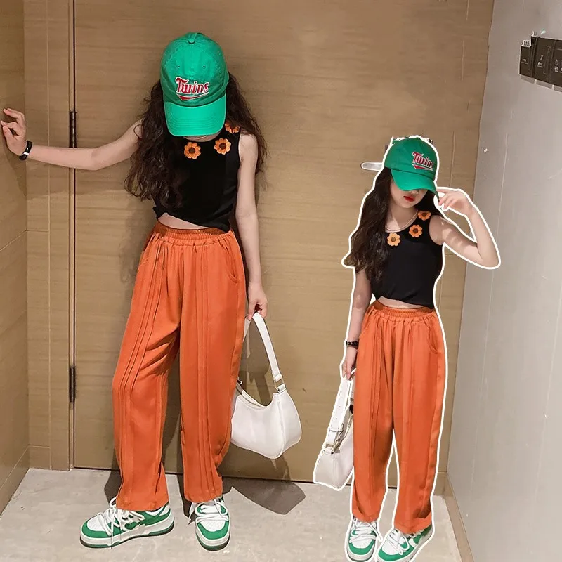 

Trendy Girls Sets sleeveless Flower Tank Tops and Pumpkin Pants orange two piece Suit Summer Tracksuit Casual Children's Clothes