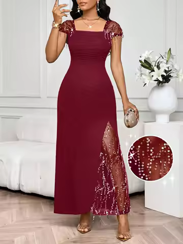 Women Plus Size Maxi Dress Burgundy Sequin Patchwork Square Neck Ruched Bodycon Slit Party Cocktail Spring Summer Evening Dress
