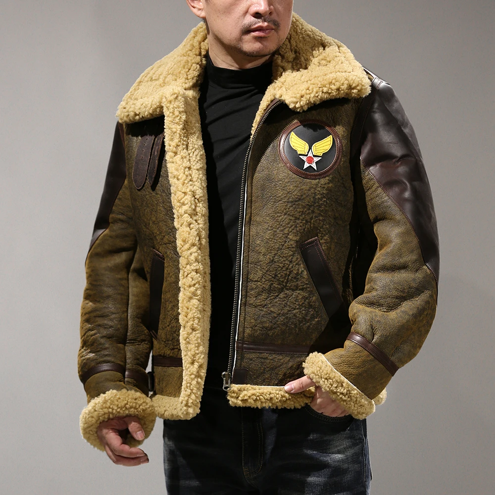 남성용 진짜 양 가죽 코트, B31901 유럽 사이즈, 고품질, 슈퍼 웜, Big B3 Shearling 폭격기, 밀리터리 모피 재킷