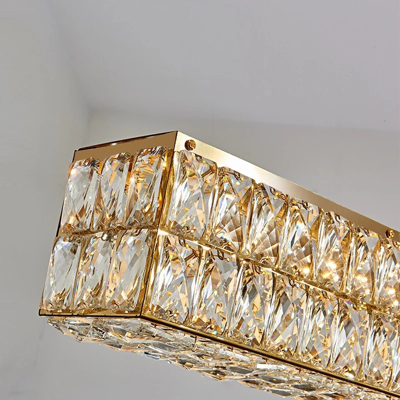 Led lustre de cristal para sala de jantar moderno longo pendurado lâmpada luxo ouro casa decoração luminária retângulo lustre cristal