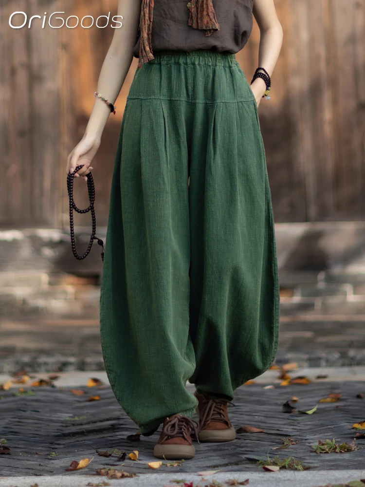 

OriGoods, брюки оригинального дизайна, женские брюки-шаровары из хлопка и льна из натуральной ткани, осень 2023, новые свободные брюки C147